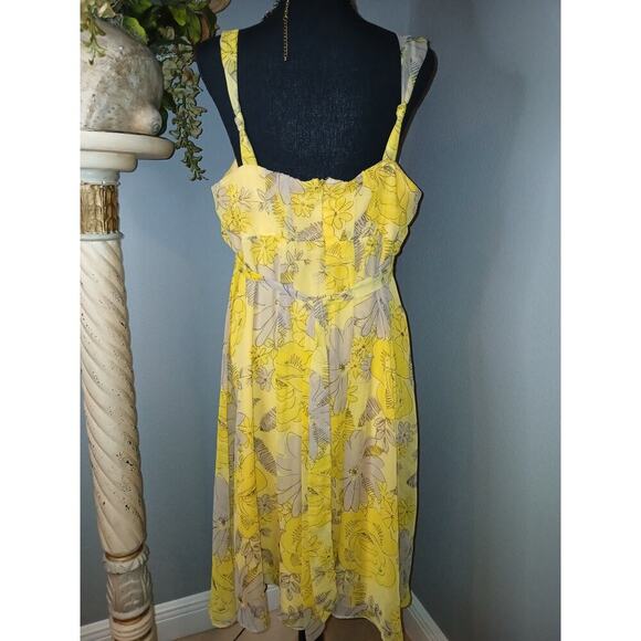 K & Company Midi Dress Women's Size 10 Yellow Floral Pleated Sleeveless Back Zip - Picture 4 of 8